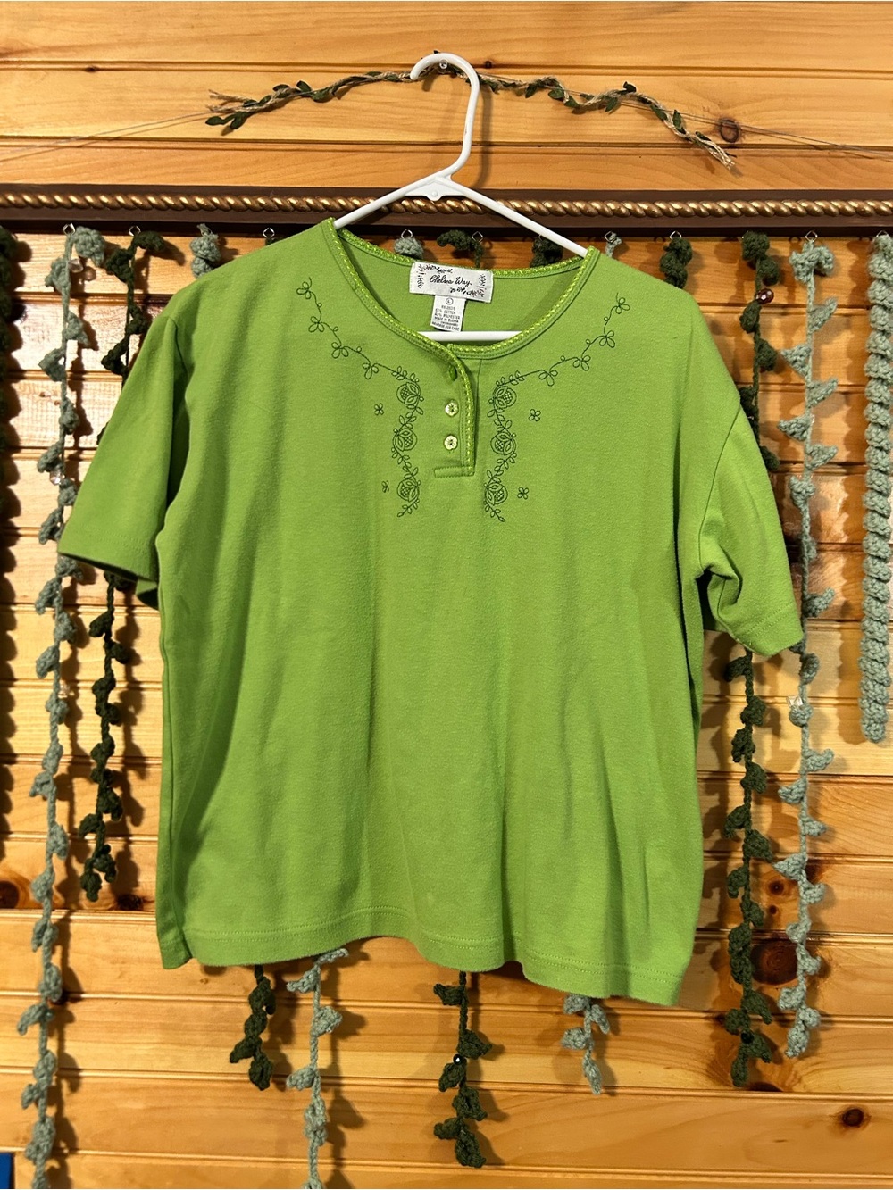 Vintage Chelsea Way Lime Green Embroidered Henley